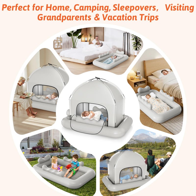 whiffee Inflatable Toddler Travel Bed with Tent â€“ Foldable Portable Toddler Bed Cot - Blow Up Kids Air Mattress with Safety Sides, Pump Carry Bag â€“ Indoor Outdoor Nap Bed for Home, Camping, Hotel (Grey) - Image 2