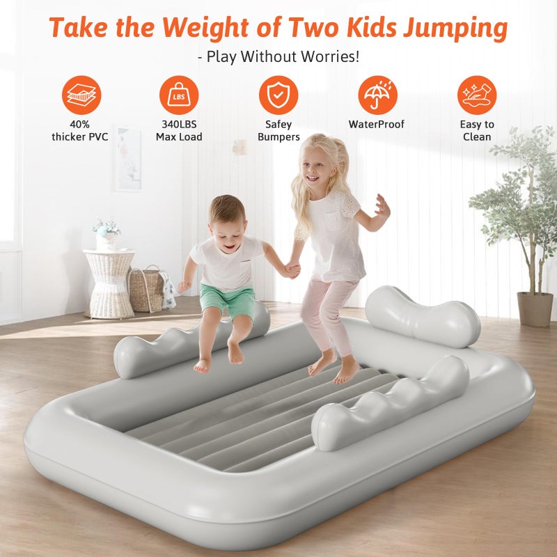 whiffee Inflatable Toddler Travel Bed with Tent â€“ Foldable Portable Toddler Bed Cot - Blow Up Kids Air Mattress with Safety Sides, Pump Carry Bag â€“ Indoor Outdoor Nap Bed for Home, Camping, Hotel (Grey) - Image 5