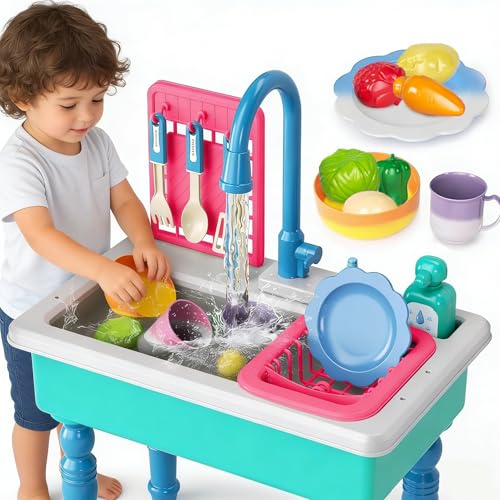 Doloowee Color Changing Kitchen Sink ToysElectric Dishwasher Playing Toy Play Sink for Kids 35 with Running WaterUpgraded Faucet and Play DishesPretend Play Kitchen Toys for Kids Boys GirlsBlue - Image 1
