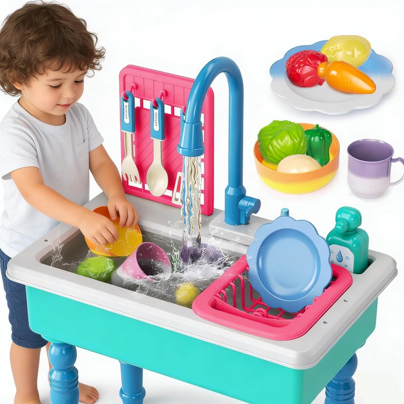 Doloowee Color Changing Kitchen Sink ToysElectric Dishwasher Playing Toy Play Sink for Kids 35 with Running WaterUpgraded Faucet and Play DishesPretend Play Kitchen Toys for Kids Boys GirlsBlue - Image 2