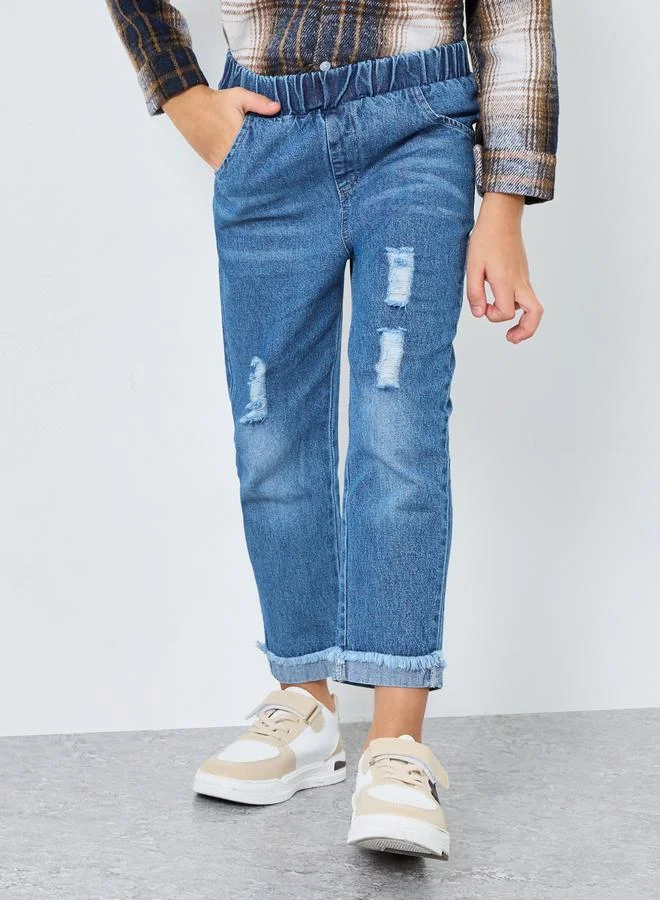Styli Styli Blue Distressed Straight Fit Jeans with Elasticated Wasitband