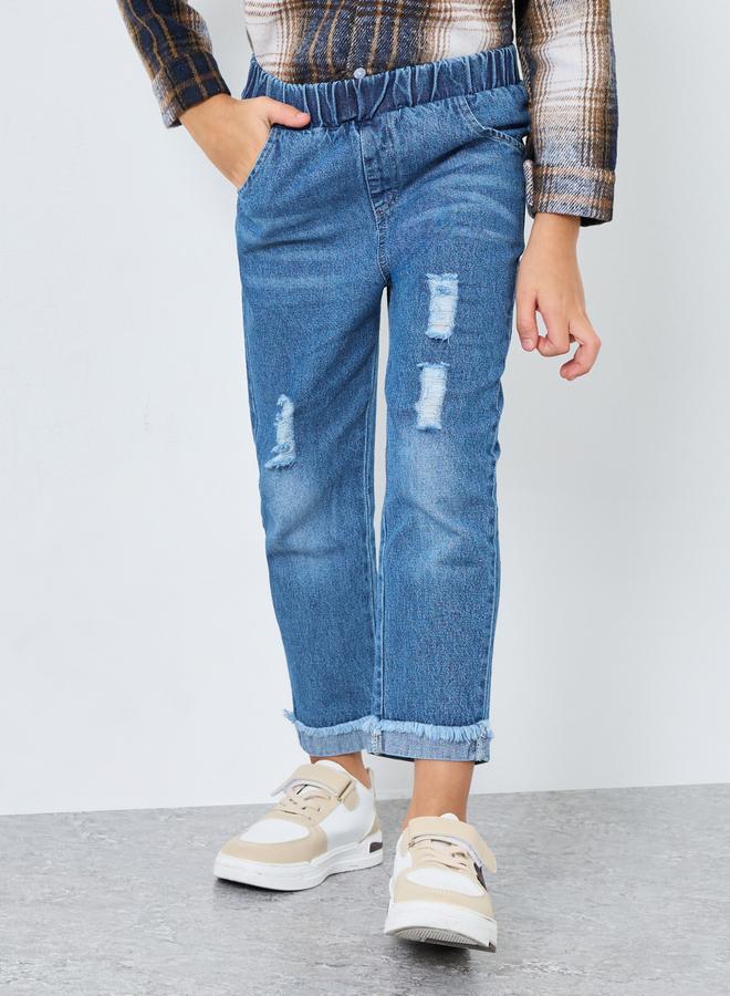 Styli Blue Distressed Straight Fit Jeans with Elasticated Wasitband - Image 1