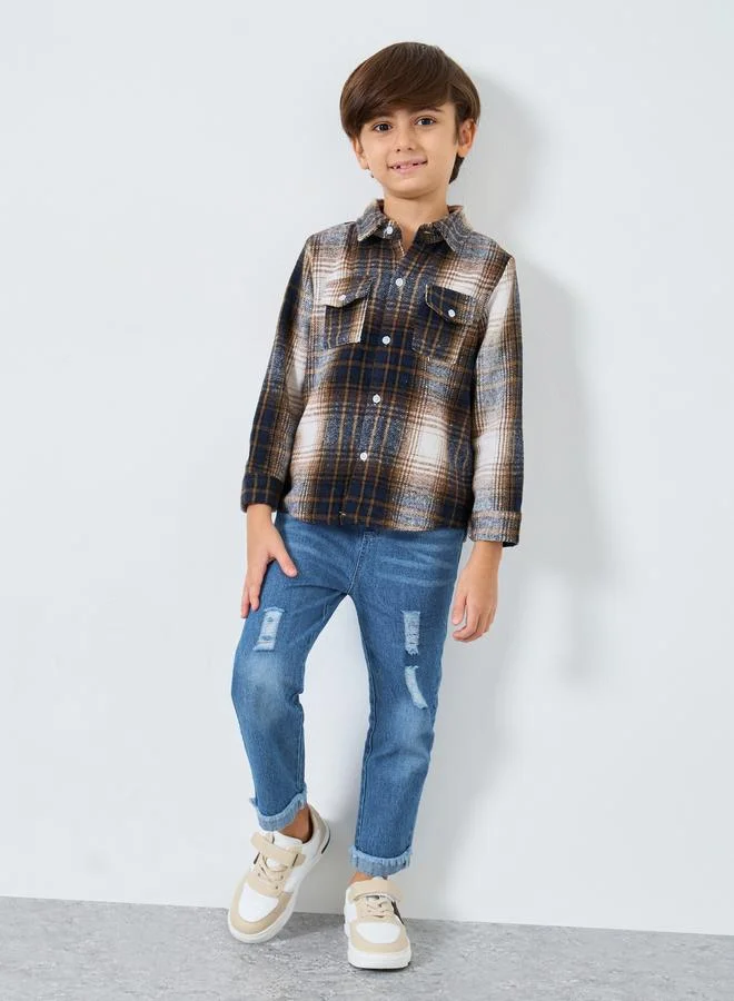 Styli Styli Blue Distressed Straight Fit Jeans with Elasticated Wasitband