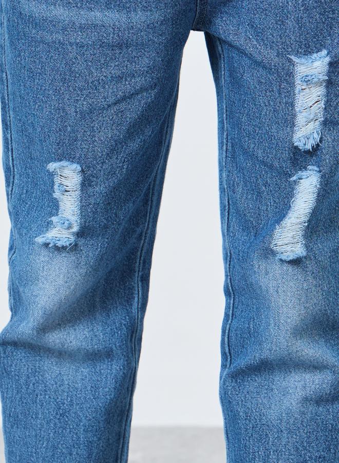 Styli Blue Distressed Straight Fit Jeans with Elasticated Wasitband - Image 3