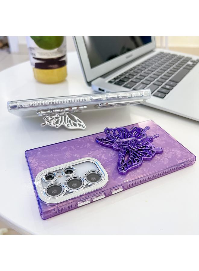 S-TOP Case For Samsung Galaxy S25+ 5G Plating Glitter Texture Butterfly Holder TPU Phone Case with Lens Film - Image 2