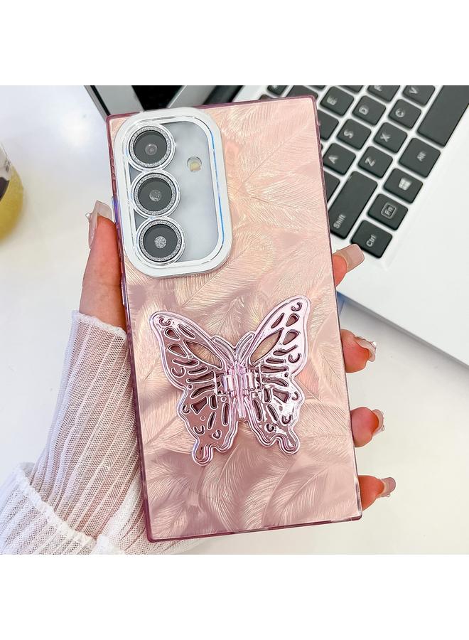 S-TOP Case For Samsung Galaxy S25+ 5G Plating Glitter Texture Butterfly Holder TPU Phone Case with Lens Film - Image 1
