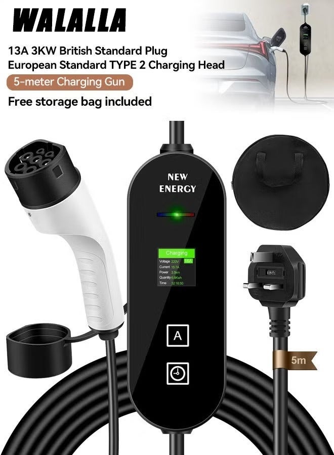 WALALLA New Energy EV Car Charger, 13A 3.5KW Portable Electric Vehicle Charger with LED Screen Intelligent Temperature Control, Anti-Theft Charging Equipment, Plug and Play, UK Plug, 5m Cable Length and Storage Bag - Image 1