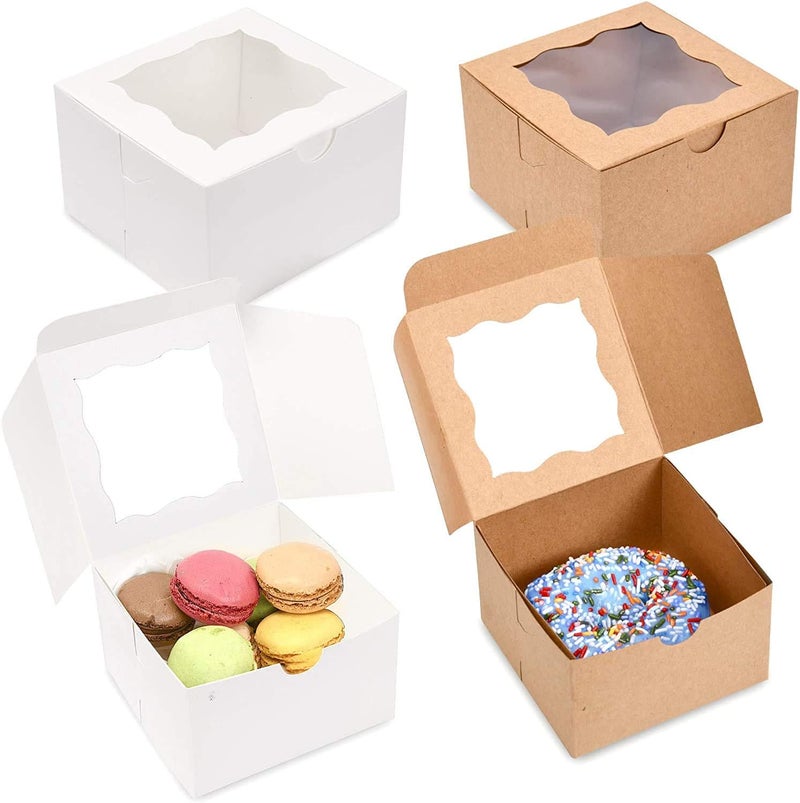 BAKEFY �- 25+25 COMBO WHITE X KRAFT BROWNIE 3X3X2 Pack Disposable Pastry Box, Paperboard Bakery Box with Display Window for Mini Cake, Cupcake, Cookie, Dessert, Donuts, Pastry - Image 1