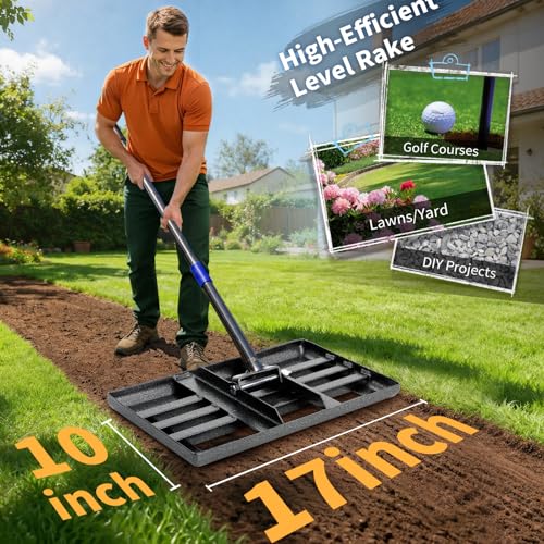 Feblomst Lawn Leveling Rake, Heavy Duty Lawn Leveler with 17" x 10" Rakes Head Plate No Flipping, Smooth Garss Topsoil Dirt Sand, Metal Ground Leveling Tool with 5 ft Long Handle for Yard Garden Golf Course - Image 3
