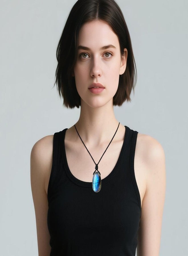 weryerker Natural Gemstone Pendant Necklace Healing Crystal Choker Necklace Adjustable Waxed Black Rope for Women Men (Labradorite) - Image 5