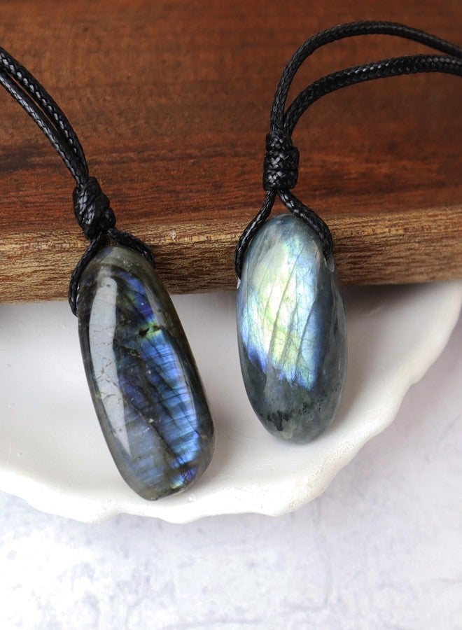 weryerker Natural Gemstone Pendant Necklace Healing Crystal Choker Necklace Adjustable Waxed Black Rope for Women Men (Labradorite) - Image 3