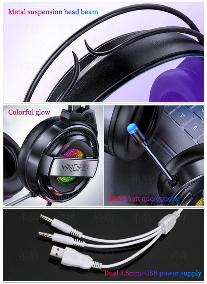 YINDIAO - Backlit LED Wired Keyboard Metallic White Blue Backlight Set Mouse Headset With Microphone For Notebook Desktop Computer Gaming Office With USB Cable - Image 1