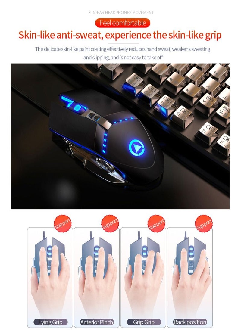 YINDIAO - Backlit LED Wired Keyboard Metallic White Blue Backlight Set Mouse Headset With Microphone For Notebook Desktop Computer Gaming Office With USB Cable - Image 1
