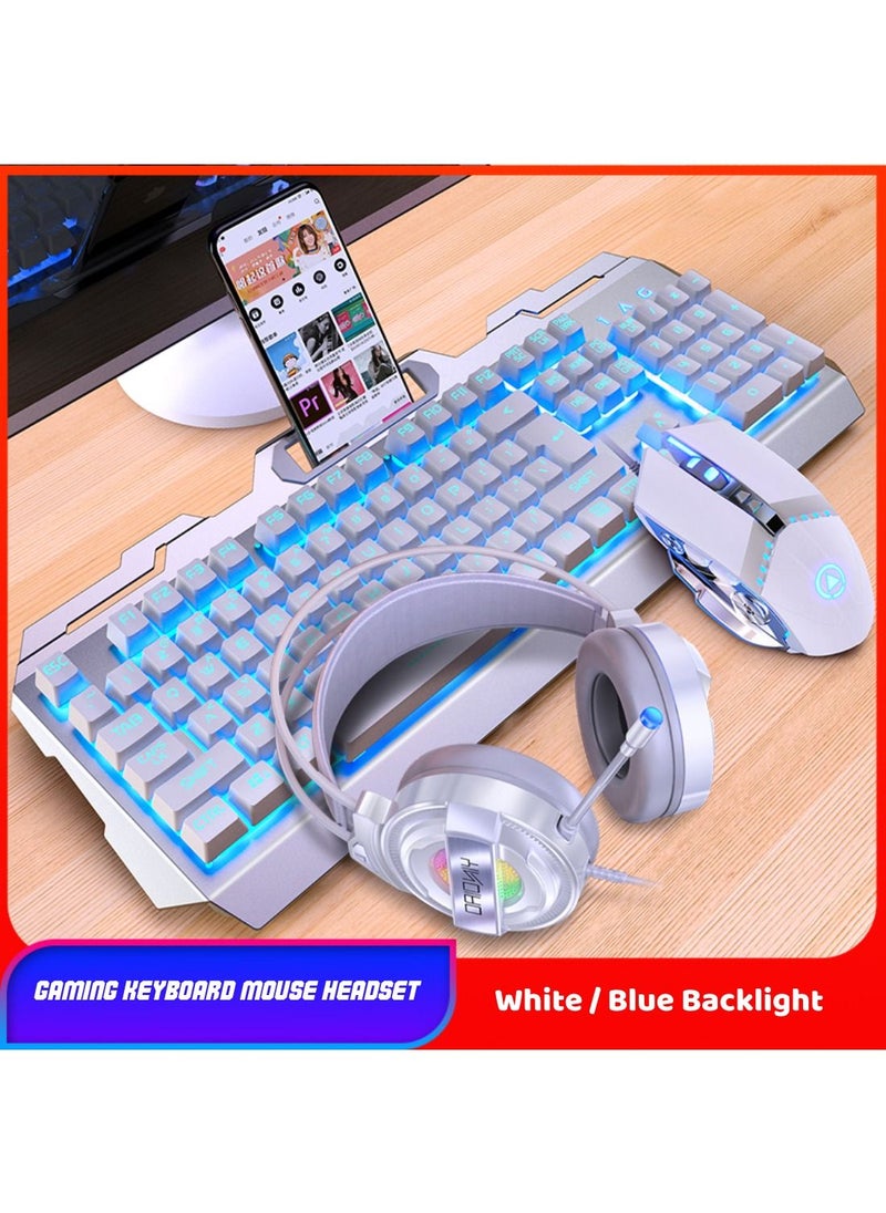 YINDIAO - Backlit LED Wired Keyboard Metallic White Blue Backlight Set Mouse Headset With Microphone For Notebook Desktop Computer Gaming Office With USB Cable - Image 1