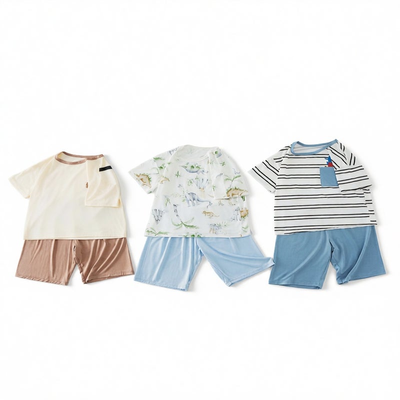 Kids Short Sleeve Pajama Set Summer Sleepwear Boys Homewear Outfit Thin Cooling Bamboo Fiber - Image 2