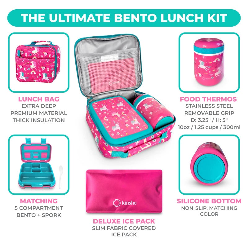 Kinsho Bento Box with Lunch Bag, Insulated Stainless Steel Thermo for Hot-Cold Food or Soup, Ice Pack Set for Kids Girls Toddlers Snacks for Daycare, Ages 3 to 7, Pink Unicorn - Image 2
