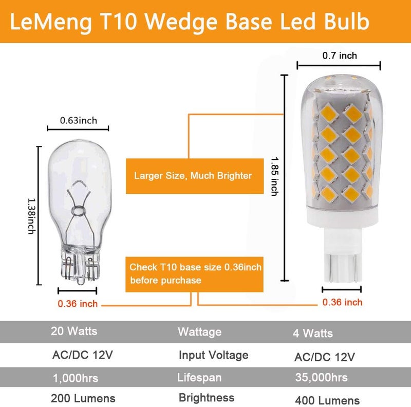 LEMENG 4W T10 Wedge Base RV 921 LED Light Bulb12VAC/DC Landscape Malibu,Automotive Car RV Camper Trailer Motorhome Marine Boat Dome Lighting 6000K daylight white-Pack of 5 - Image 2
