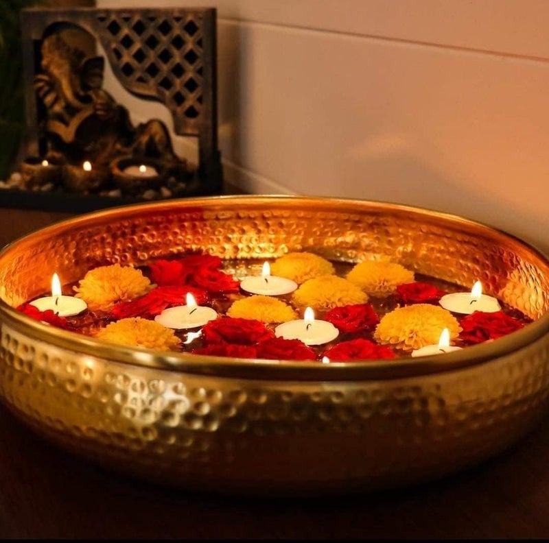 Klassic 10 Inch Hand Crafted Metal Round Hammered Potpourri Bowl | Traditional Bowl for Floating Flowers & Tea Light Candles | Antique Design for Diwali, Pooja, Weddings & Home Décor - Image 1