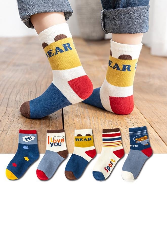 5 Pairs Of Children's Cotton Socks, Pure Cotton Floor Socks, Suitable For Children Aged 6-8, Boys And Girls Student Middle Tube Socks, Bear Pattern Cartoon Socks, Can Be Worn In All Seasons  - Image 1