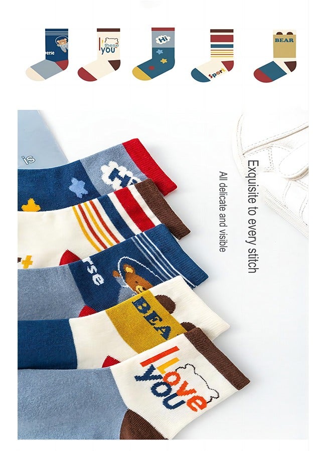 5 Pairs Of Children's Cotton Socks, Pure Cotton Floor Socks, Suitable For Children Aged 6-8, Boys And Girls Student Middle Tube Socks, Bear Pattern Cartoon Socks, Can Be Worn In All Seasons  - Image 3
