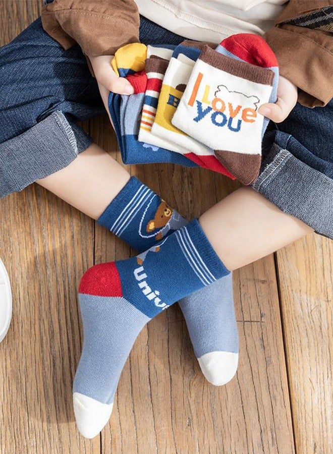 5 Pairs Of Children's Cotton Socks, Pure Cotton Floor Socks, Suitable For Children Aged 6-8, Boys And Girls Student Middle Tube Socks, Bear Pattern Cartoon Socks, Can Be Worn In All Seasons  - Image 2
