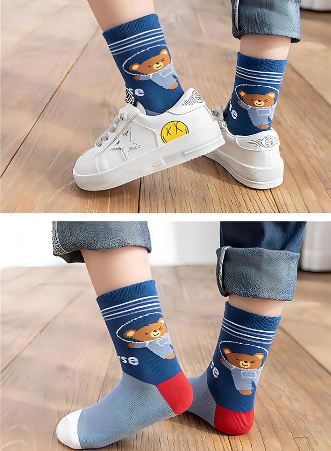 5 Pairs Of Children's Cotton Socks, Pure Cotton Floor Socks, Suitable For Children Aged 6-8, Boys And Girls Student Middle Tube Socks, Bear Pattern Cartoon Socks, Can Be Worn In All Seasons  - Image 5