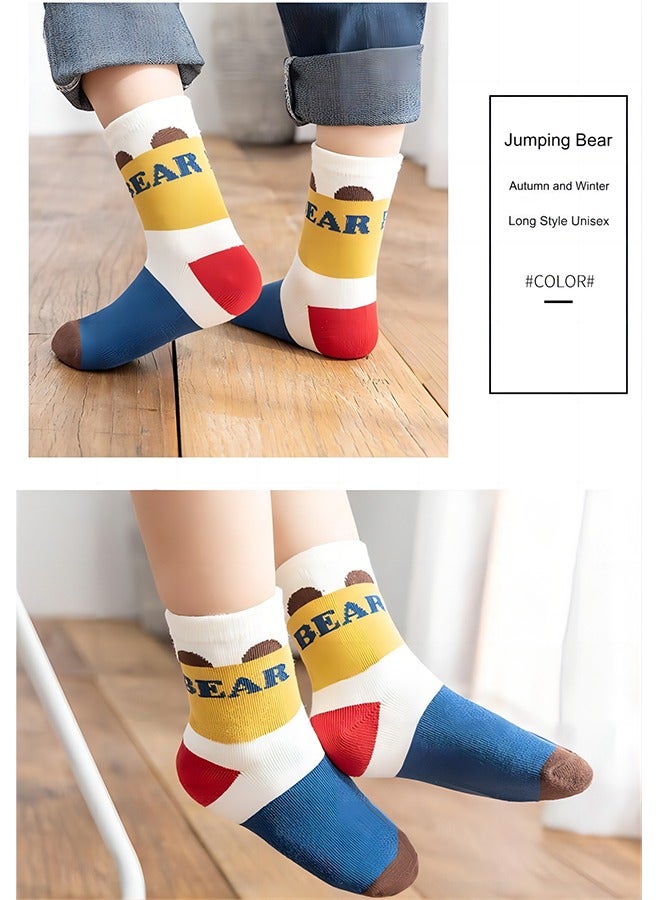 5 Pairs Of Children's Cotton Socks, Pure Cotton Floor Socks, Suitable For Children Aged 6-8, Boys And Girls Student Middle Tube Socks, Bear Pattern Cartoon Socks, Can Be Worn In All Seasons  - Image 4