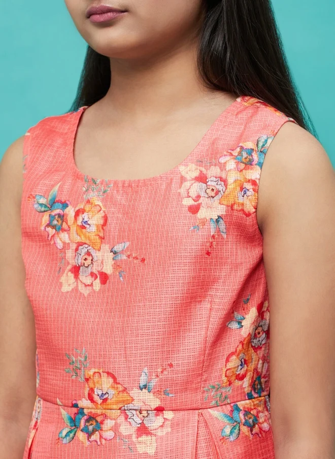 أيه كيه إس Orange Floral Printed Fit & Flare Dress for Girls