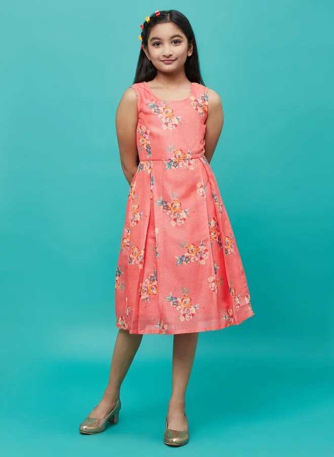 أيه كيه إس Orange Floral Printed Fit & Flare Dress for Girls