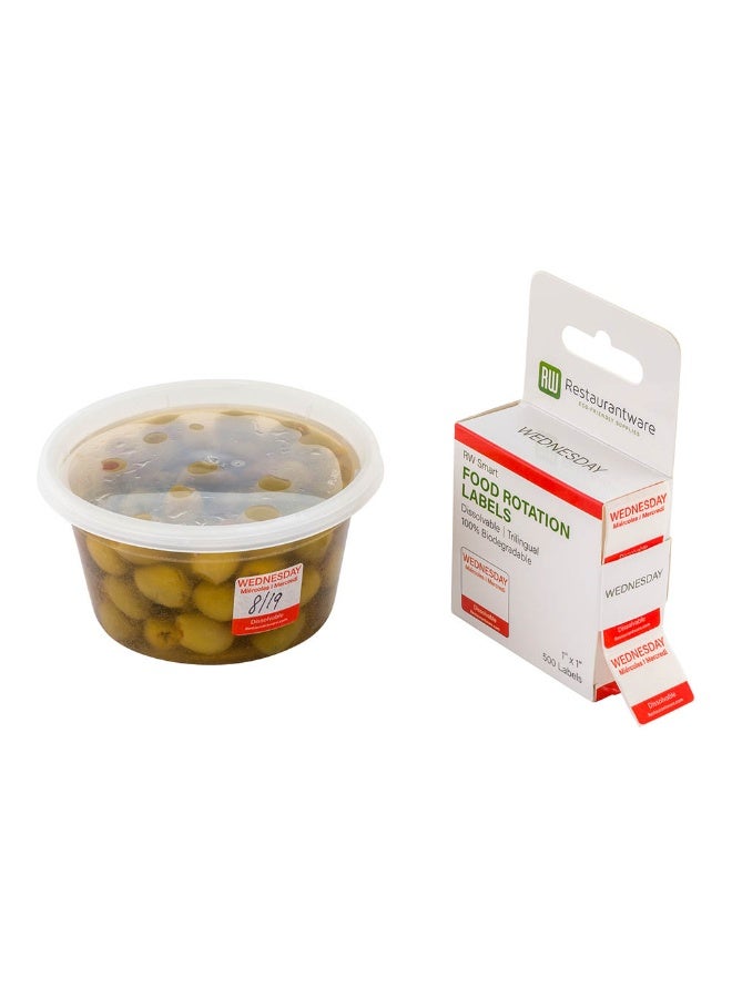 Restaurantware RW Smart 1 Inch x 1 Inch Food Rotation Labels, 500 Dissolvable Food Safety Labels - Premium Trilingual, Red Paper Day Of The Week Labels, For Food Storage Or Prep, Wednesday - Image 1
