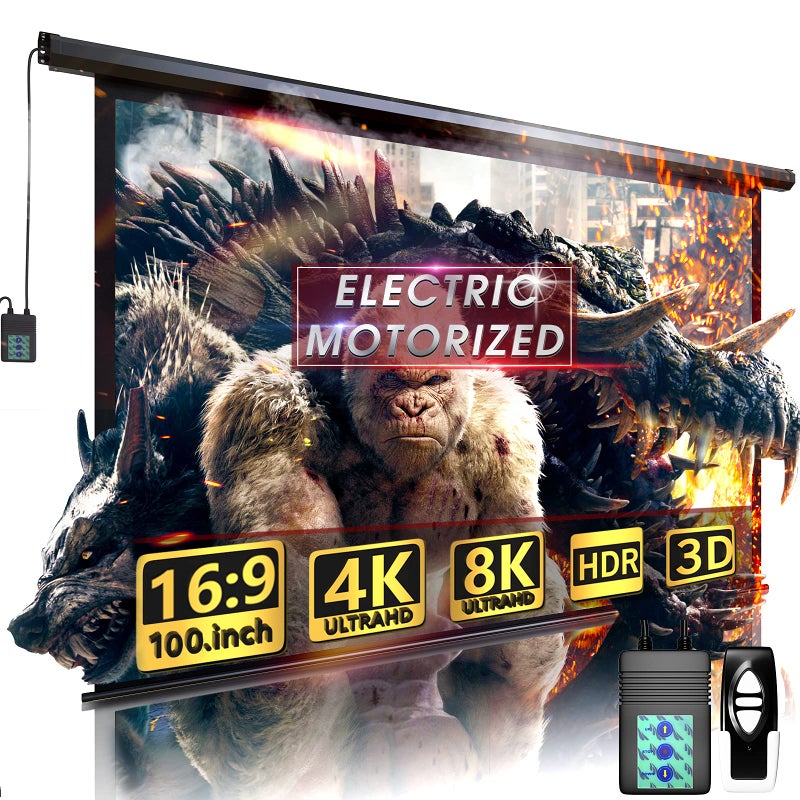 Aoxun 100" Motorized Projector Screen - Indoor and Outdoor Movies Screen 100 inch Electric 16:9 Projector Screen W/Remote Control - Image 1