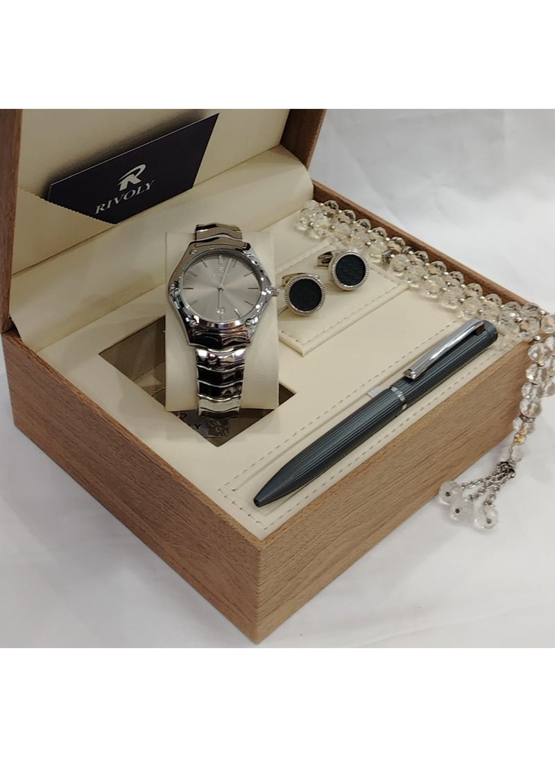 RR A wonderful stainless steel men's set consisting of a watch, a rosary, a pen and cufflinks half steel