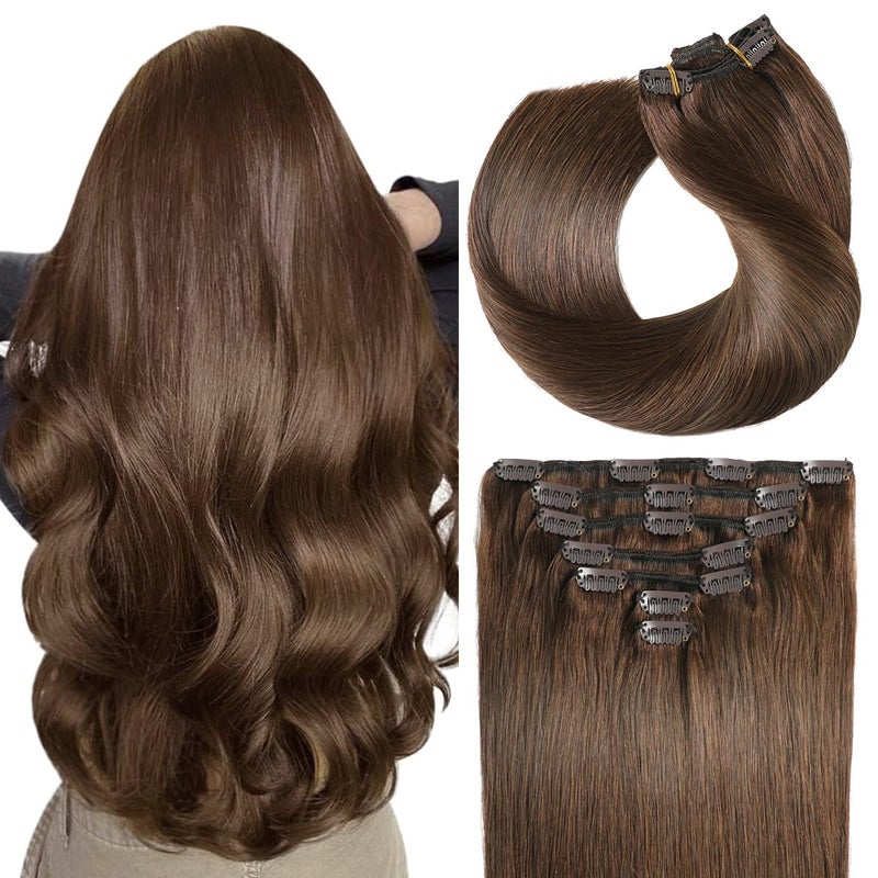 SUYYA Clip in Hair Extensions Real Human Hair Chocolate Brown Straight Double Weft 7pcs 120g 18 Inches 4 Dark Brown