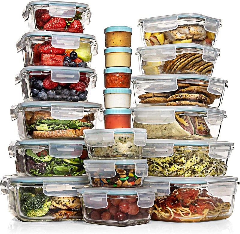 Razab 35 Pc Set Glass Food Storage Containers with Lids - Meal Prep Airtight Bento Boxes BPA-Free 100% Leak Proof (15 lids,15 glass & 5 Plastic Sauce/Dip Containers) - Image 1