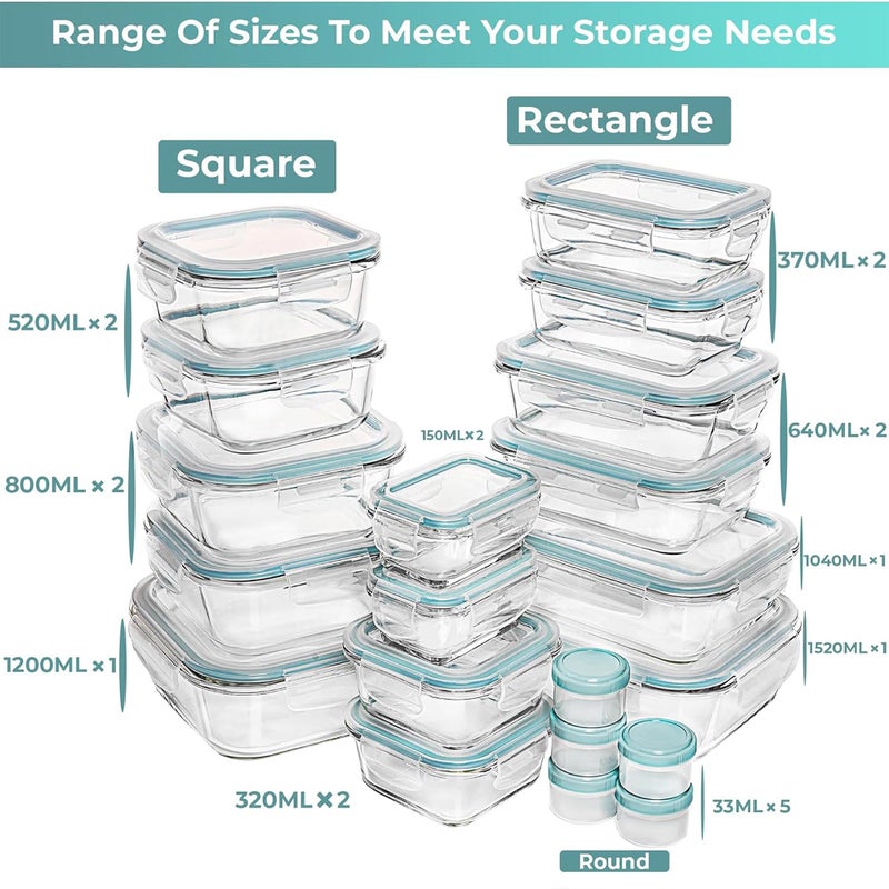Razab 35 Pc Set Glass Food Storage Containers with Lids - Meal Prep Airtight Bento Boxes BPA-Free 100% Leak Proof (15 lids,15 glass & 5 Plastic Sauce/Dip Containers) - Image 2