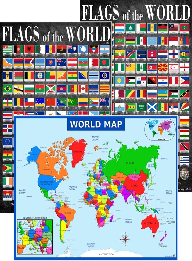 3D Learning LLF World Map and Flags Posters- Laminated 14x19.5” Educational Charts - Flags of Countries and Nations, Map For Classrooms, Homeschool Decoration, Back to School Supplies, International Learning, and Teacher Supplies - Image 1