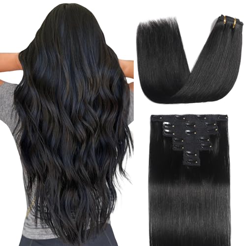 Sisily Clip in Hair Extensions Real Human Hair 24 Inch Premium Human Hair Clip in Extensions Natural Black Soft Straight Hair Extensions Real Human Hair Clip ins 7PCS Double Weft24 Inch 1B - Image 1