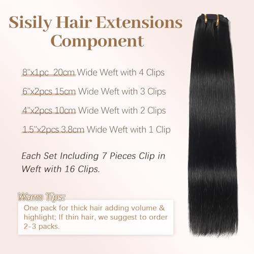 Sisily Clip in Hair Extensions Real Human Hair 24 Inch Premium Human Hair Clip in Extensions Natural Black Soft Straight Hair Extensions Real Human Hair Clip ins 7PCS Double Weft24 Inch 1B - Image 3