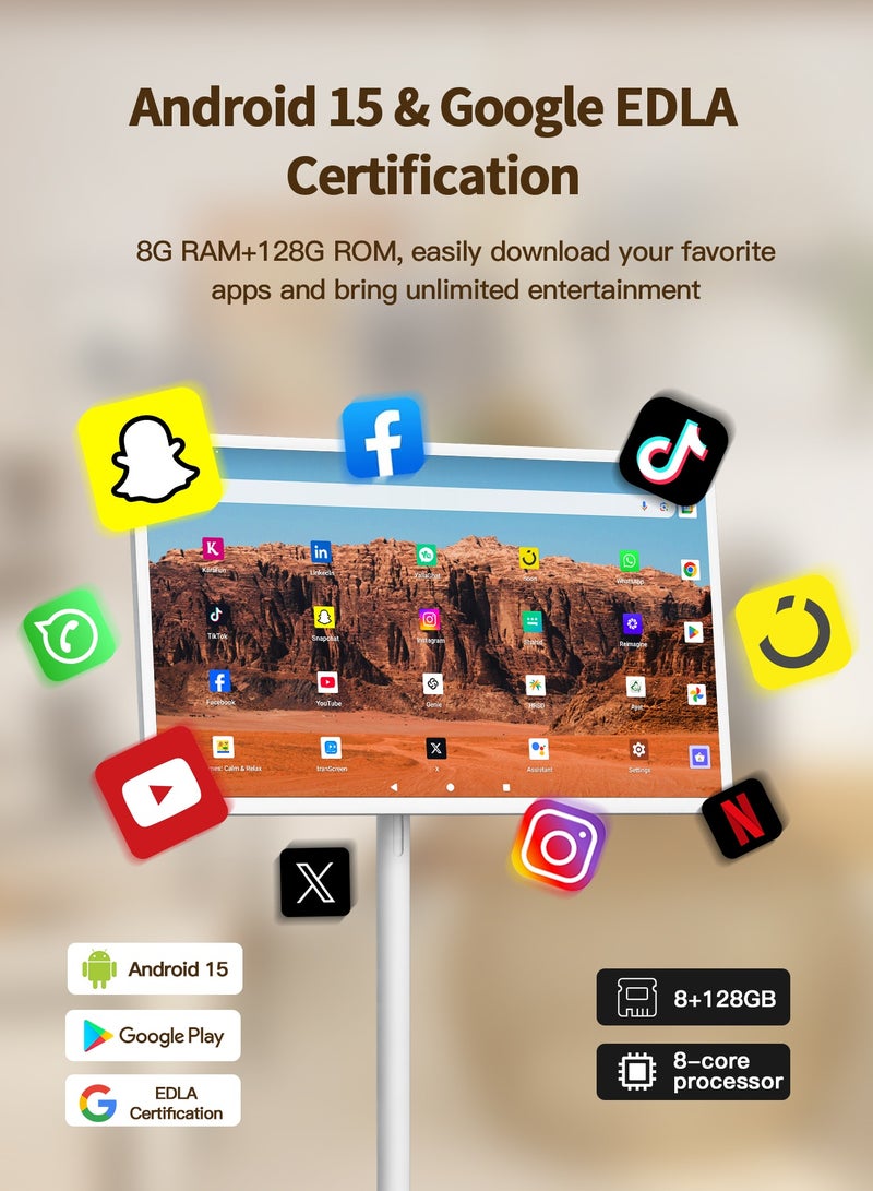 ڤي إل إتش تلفزيون ذكي محمول مقاس 32 بوصة، شاشة لمس 1080 بكسل، نظام أندرويد 15، شاشة بعجلات، كاميرا 5 ميجابكسل، بطارية تدوم من 4 إلى 6 ساعات، سعة تخزين 8 جيجابايت + 128 جيجابايت، جهاز تحكم عن بعد صوتي/هوائي، شاشة دوارة للمنزل/المكتب/الأنشطة الخارجية - Image 2