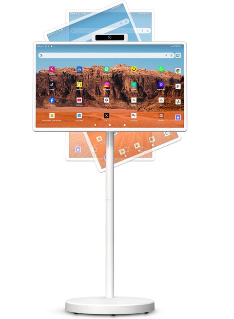 32 Inch Portable Smart TV, 1080P Touchscreen Android 15 Monitor on Wheels, 5MP Camera, 4-6H Battery, 8+128GB Storage, Voice/Airmouse Remote Control, Rotatable Display for Home/Office/Outdoor