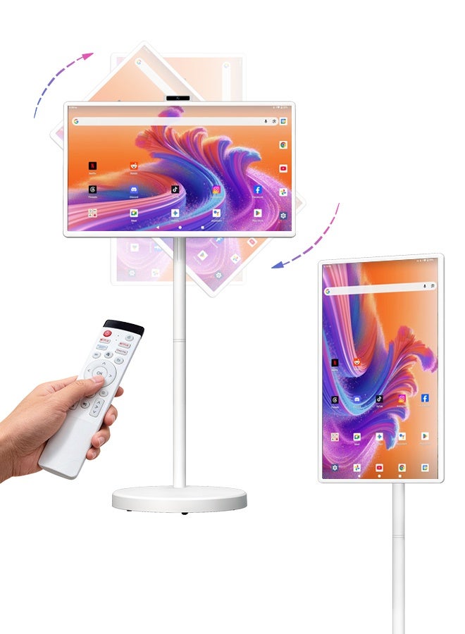 32 Inch Portable Smart TV, 1080P Touchscreen Android 15 Monitor on Wheels, 5MP Camera, 4-6H Battery, 8+128GB Storage, Voice/Airmouse Remote Control, Rotatable Display for Home/Office/Outdoor