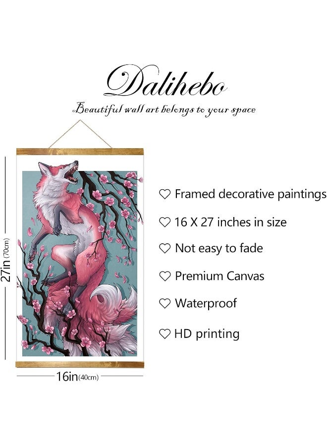 DALIHEBO Japanese Decor Wall Art - Fox And Sakura retro Poster Canvas Wall Art - For Living Room Bedroom Office Restaurant Magnetic Scroll Wooden Frame (16x27inch) - Image 2