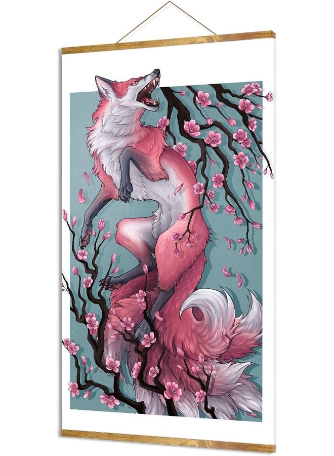 DALIHEBO Japanese Decor Wall Art - Fox And Sakura retro Poster Canvas Wall Art - For Living Room Bedroom Office Restaurant Magnetic Scroll Wooden Frame (16x27inch) - Image 1