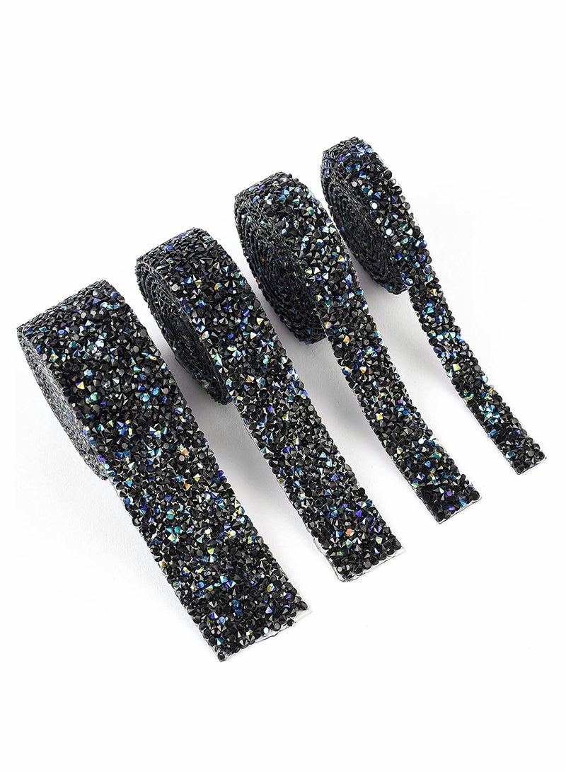 Crystal Rhinestone Ribbon, Self-Adhesive Bling Ribbon Roll, Banding Belt Wrap for Wedding Cakes, Birthday Crafts Decorations (4 Rolls, 4 Sizes, 1 Yard, Black) - Image 1