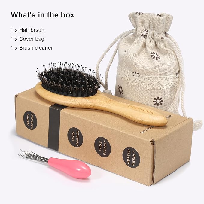 BESTOOL Small Travel Hair Brush for Women Men or Kids Boar Bristle Brush for Detangling Defrizz Distribute Oil All Wet or Dry Round