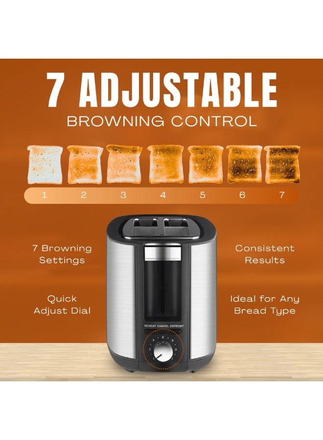 Nexso 2 Slice Bread Toaster 750W | 7 Adjustable Browning Control, Stainless Steel + Plastic Housing, Reheat, Stop & Defrost Functions, Automatic Pop-Up, UK Plug, 220-240V 50/60Hz, Compact for Home Use - Image 3