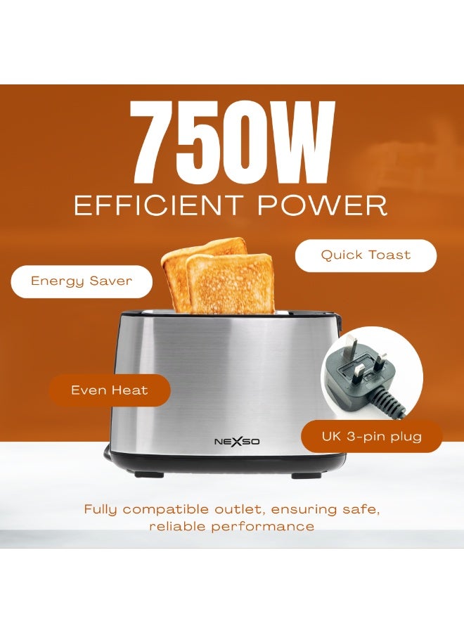 Nexso 2 Slice Bread Toaster 750W | 7 Adjustable Browning Control, Stainless Steel + Plastic Housing, Reheat, Stop & Defrost Functions, Automatic Pop-Up, UK Plug, 220-240V 50/60Hz, Compact for Home Use - Image 5