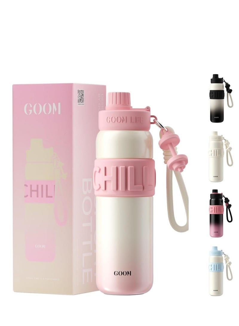 GOOM 24 oz Insulated Water Bottle, 18/10 Stainless Steel Waterbottle with Straw and Straw Cap, Leak Proof Water Bottles for Men, Women, Gifts for Mom, White, Pink