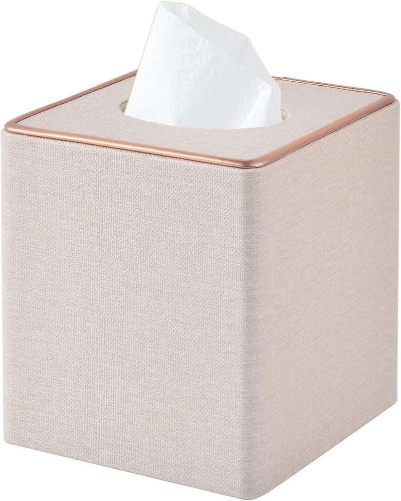 RHCSZ Linen Square Tissue Box Cover,Cube Tissue Box Holder－Excellent Rosegold Leather Decoration,Table Napkin Case Dispenser,Facial Tissues Organizer with Magnetic Bottom for Home Office Car(Beige) - Image 1