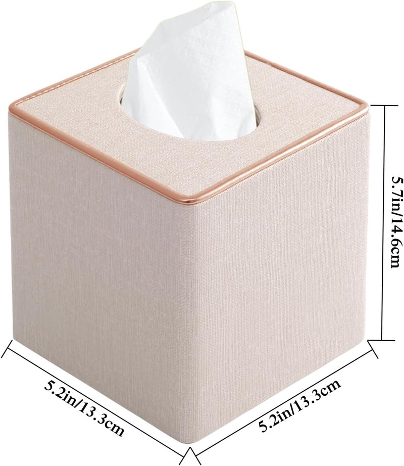 RHCSZ Linen Square Tissue Box Cover,Cube Tissue Box Holder－Excellent Rosegold Leather Decoration,Table Napkin Case Dispenser,Facial Tissues Organizer with Magnetic Bottom for Home Office Car(Beige) - Image 3